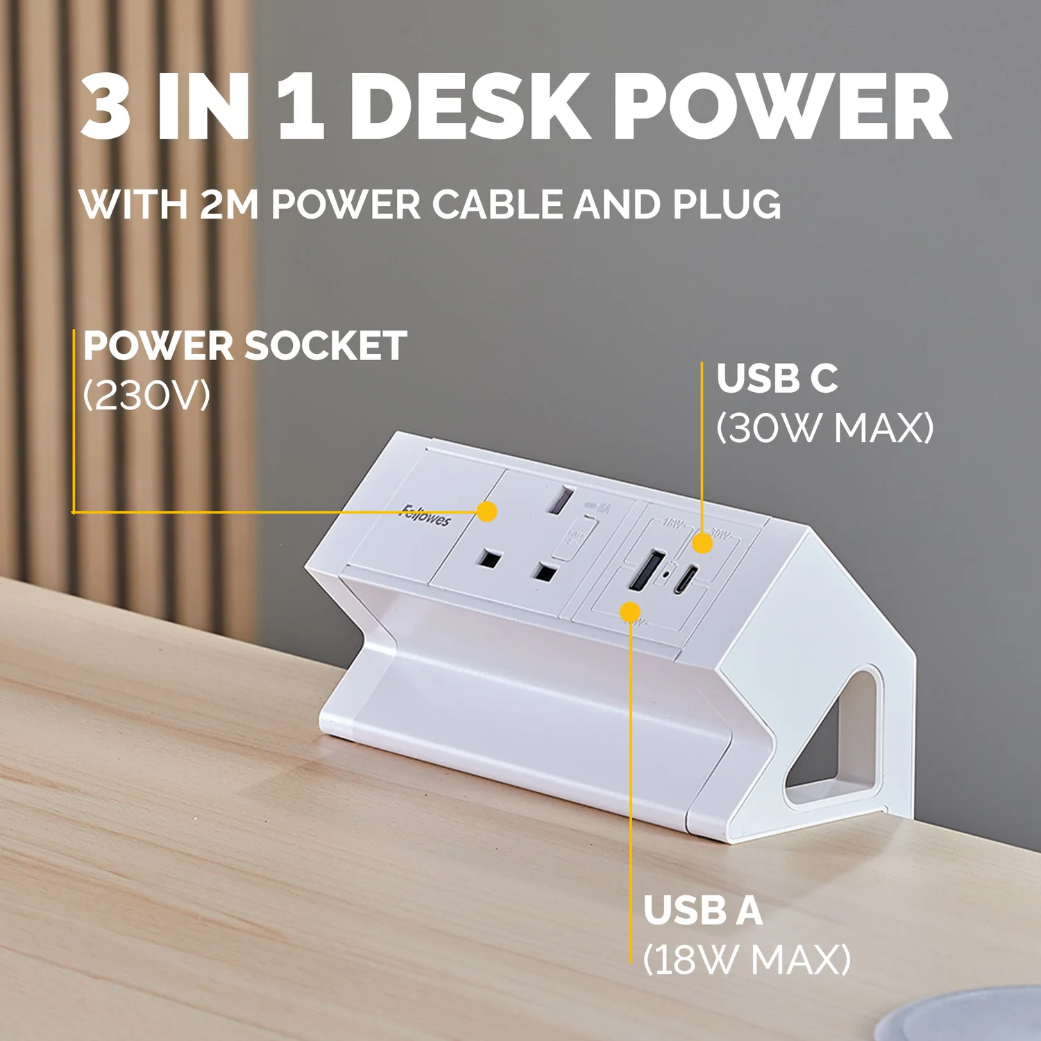 Fellowes Power Desk Socket with 1 Power Socket 1 USB-A & USB-C Ports White - image 4