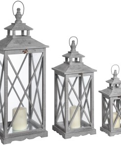 Set Of Three Wooden Lanterns With Traditional Cross Section