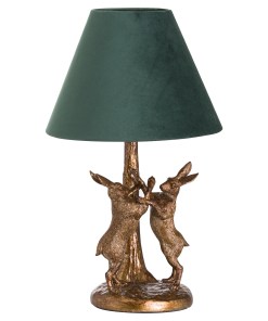 Antique Gold Marching Hares Lamp With Green Velvet Shade