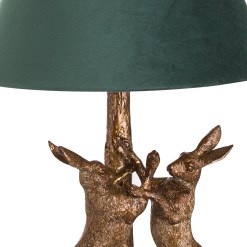 Antique Gold Marching Hares Lamp With Green Velvet Shade - image 2