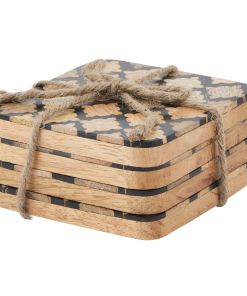 Set Of 4 Wood Effect Black Geometric Coasters