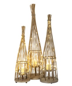 Medium Conical Wicker Lantern With Glass Holder & LED Lights