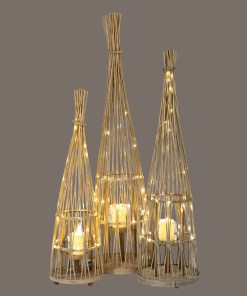 Medium Conical Wicker Lantern With Glass Holder & LED Lights