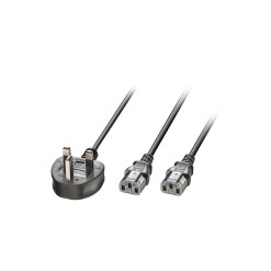 Lindy 2.5m UK 3 Pin Plug to 2 x IEC C13 Splitter Extension Cable, Black