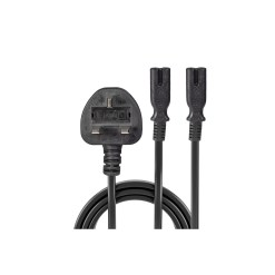 Lindy 2.5m UK 3 Pin Plug to 2 x IEC C7 Splitter Extension Cable, Black