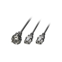 Lindy 2.1m Schuko 2 Pin Plug To 2 x IEC C13 Splitter Extension Cable, Black