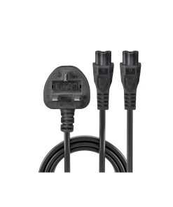 Lindy 2.5m UK 3 Pin Plug To IEC 2 x C5 Splitter Extension Cable, Black