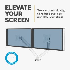 Fellowes Platinum Series Dual Monitor Arm - Monitor Mount for Two 8KG 40 Inch Screens - Adjustable Dual Monitor Desk Mount - Tilt 45° Pan 180° Swivel 360° Rotation 360°, VESA 75 x 75/100 x 100 - White - image 2